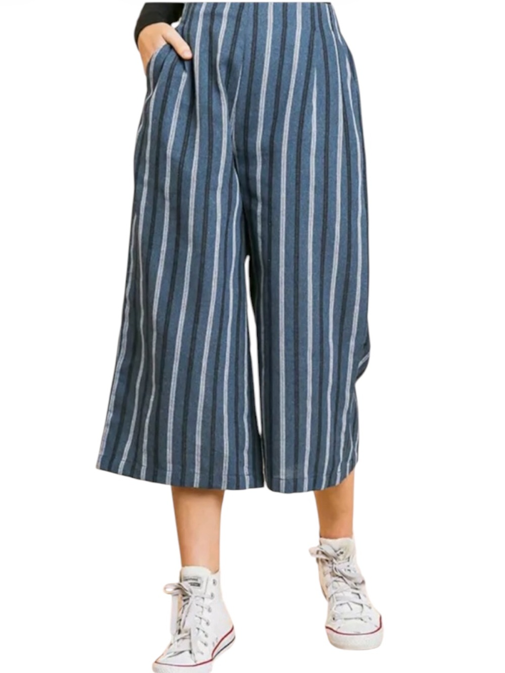 Umgee High Waist Wide Leg Cotton Crop Flattering Stripes Pants Linen Look Sz Lg